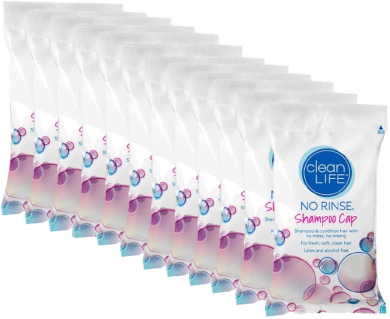 No Rinse Cleanlife Products Shampoo Cap (12 Pack) - Waterless, Rinseless Hair Washing and Conditioning Shower Caps for Bathing Elderly, Bedridden, Hospital Patients - Disposable, Hypoallergenic - Image 1